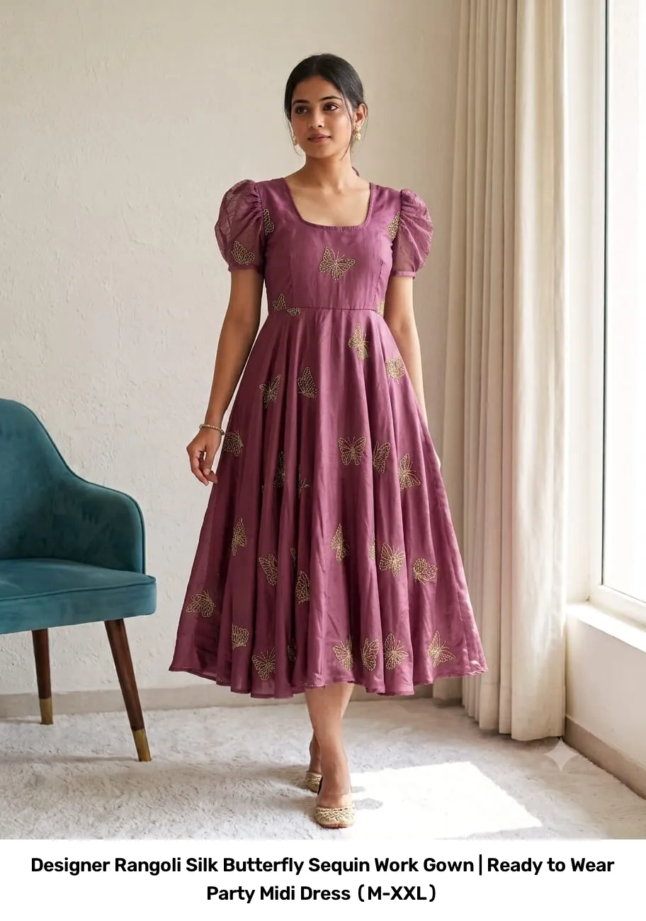 Designer Rangoli Silk Butterfly Sequin Work Gown | Ready to Wear Party Midi Dress (M-XXL) 8