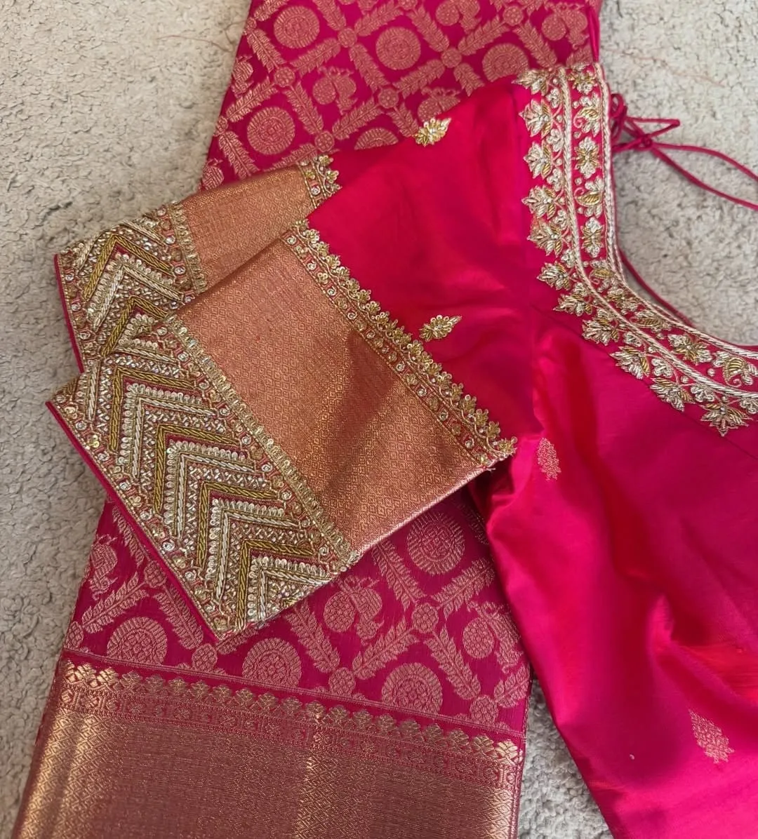 Designer Rani Pink Silk Blouse with Geometric Zari Border, Floral Aari Neck & Handmade Tassels