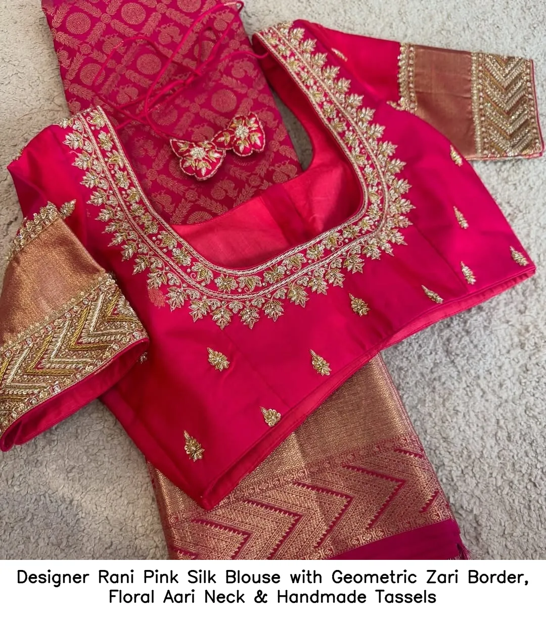 Designer Rani Pink Silk Blouse with Geometric Zari Border, Floral Aari Neck & Handmade Tassels 2