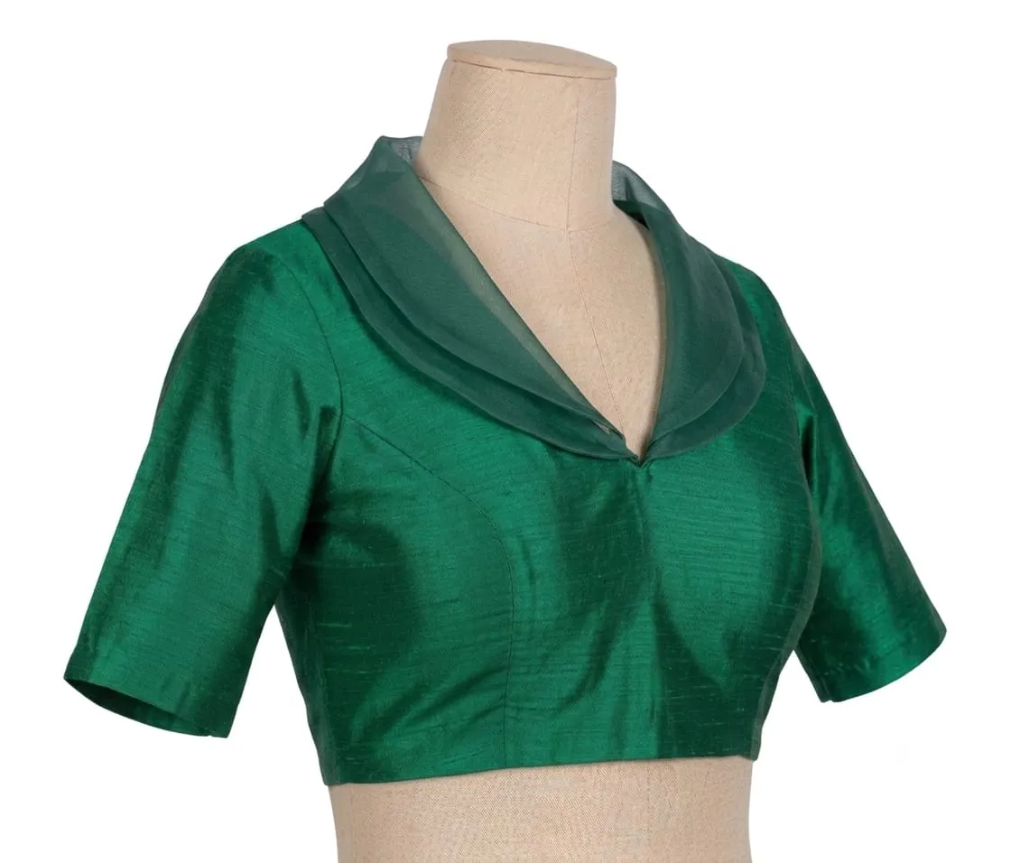Designer Raw Silk Shawl Collar Blouse | Custom Elbow Sleeve Saree Blouse