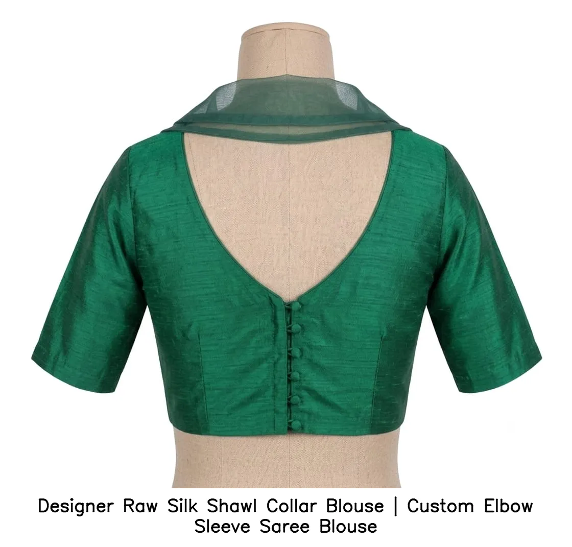 Designer Raw Silk Shawl Collar Blouse | Custom Elbow Sleeve Saree Blouse 4
