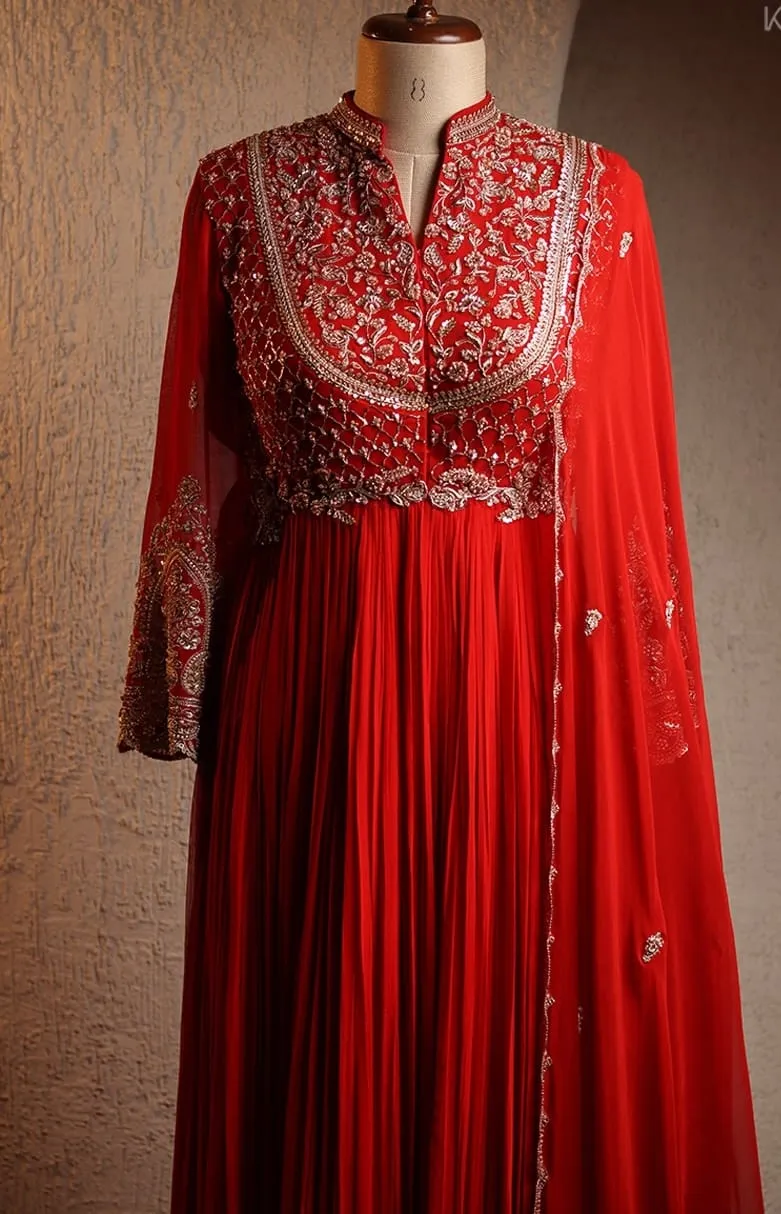 Designer Red Georgette Anarkali Dress with Heavy Zardosi Embroidery | Bridal Long Frock Set