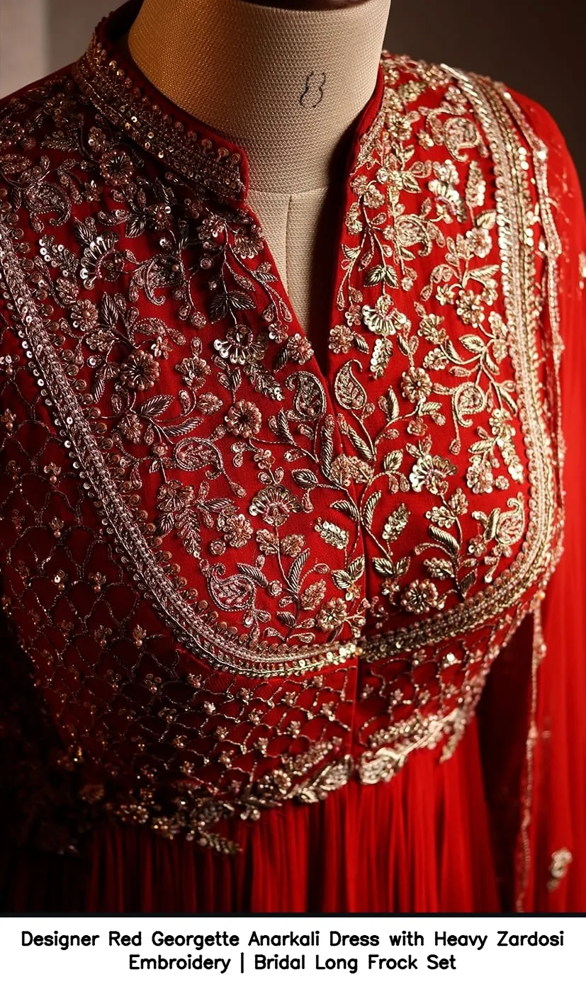 Designer Red Georgette Anarkali Dress with Heavy Zardosi Embroidery | Bridal Long Frock Set 3