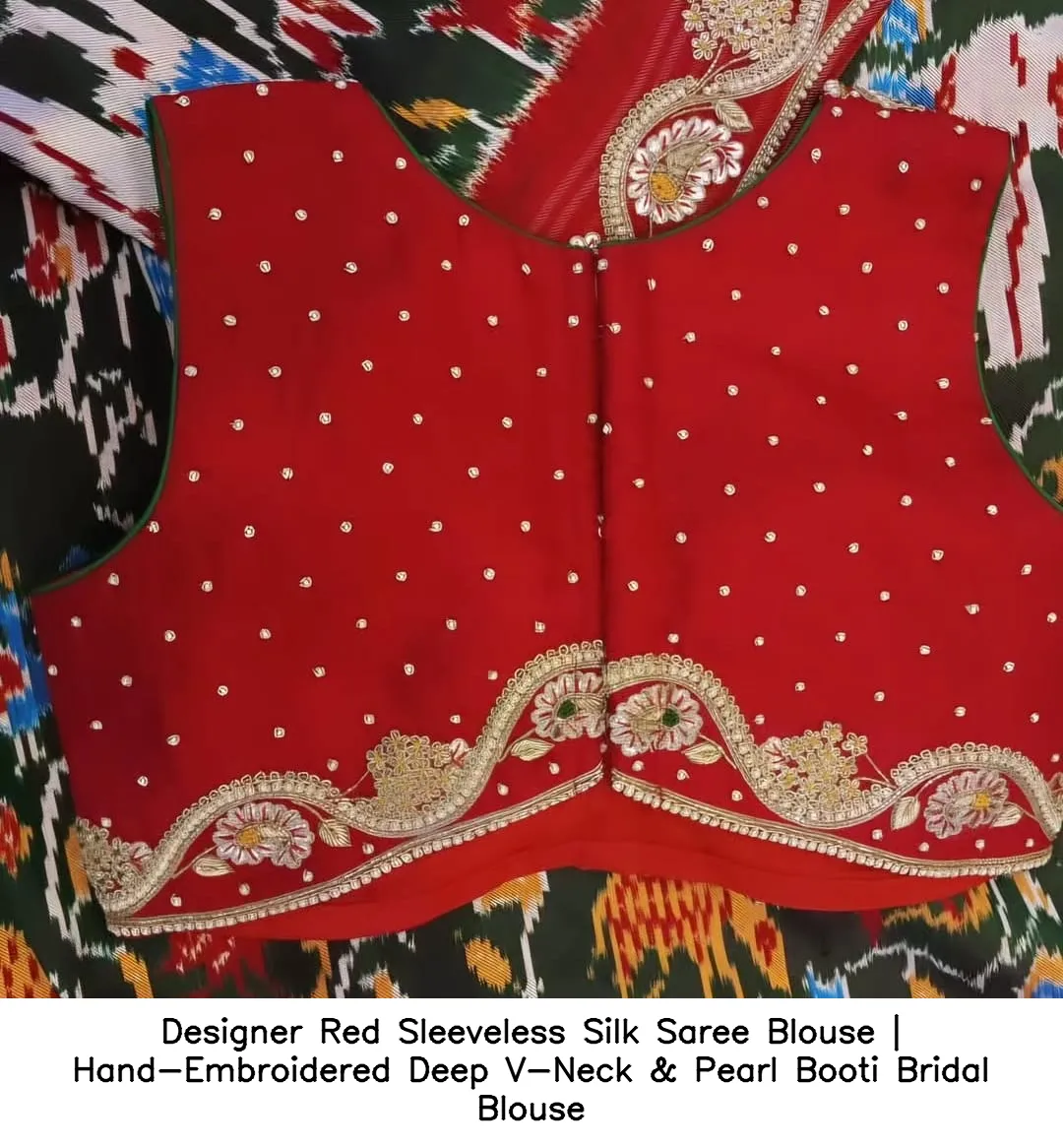 Designer Red Sleeveless Silk Saree Blouse | Hand-Embroidered Deep V-Neck & Pearl Booti Bridal Blouse 2