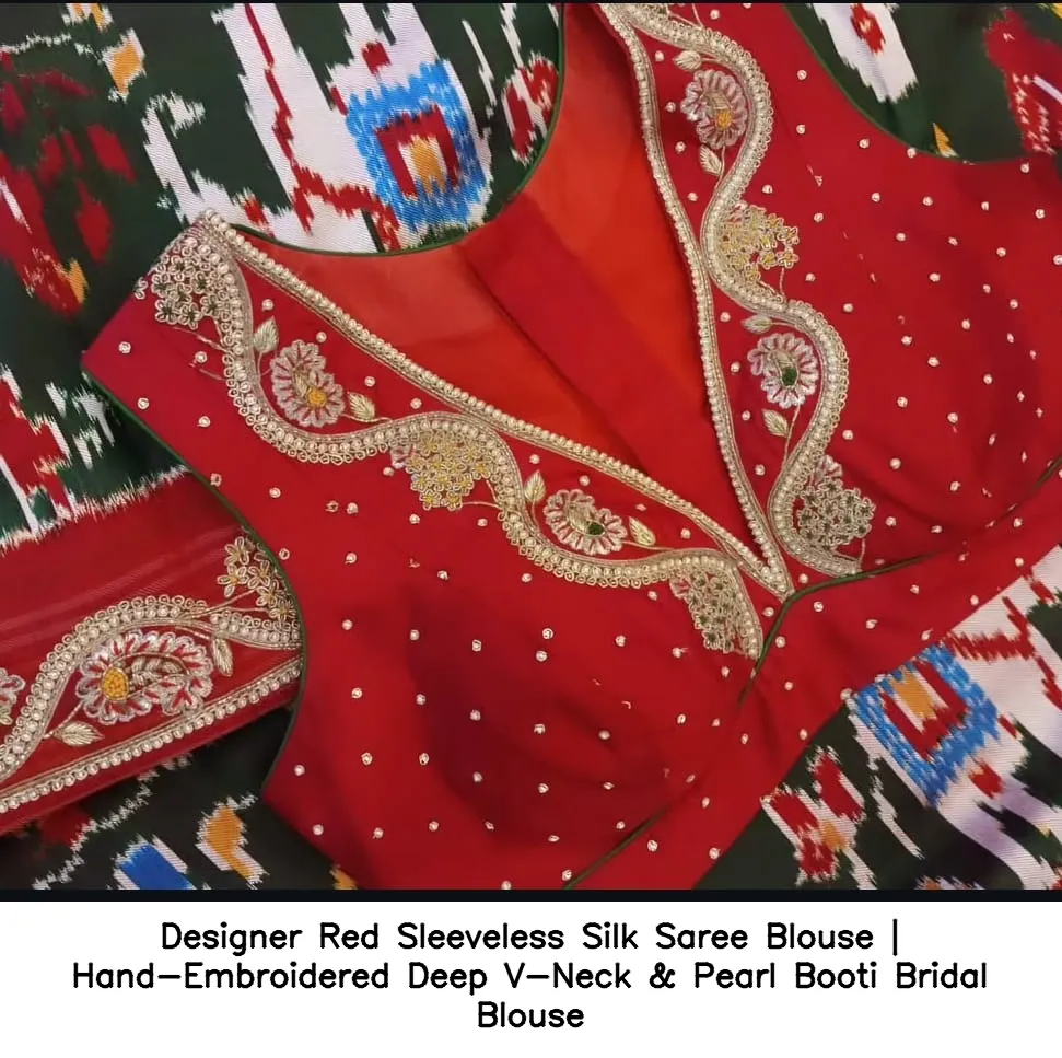 Designer Red Sleeveless Silk Saree Blouse | Hand-Embroidered Deep V-Neck & Pearl Booti Bridal Blouse 3