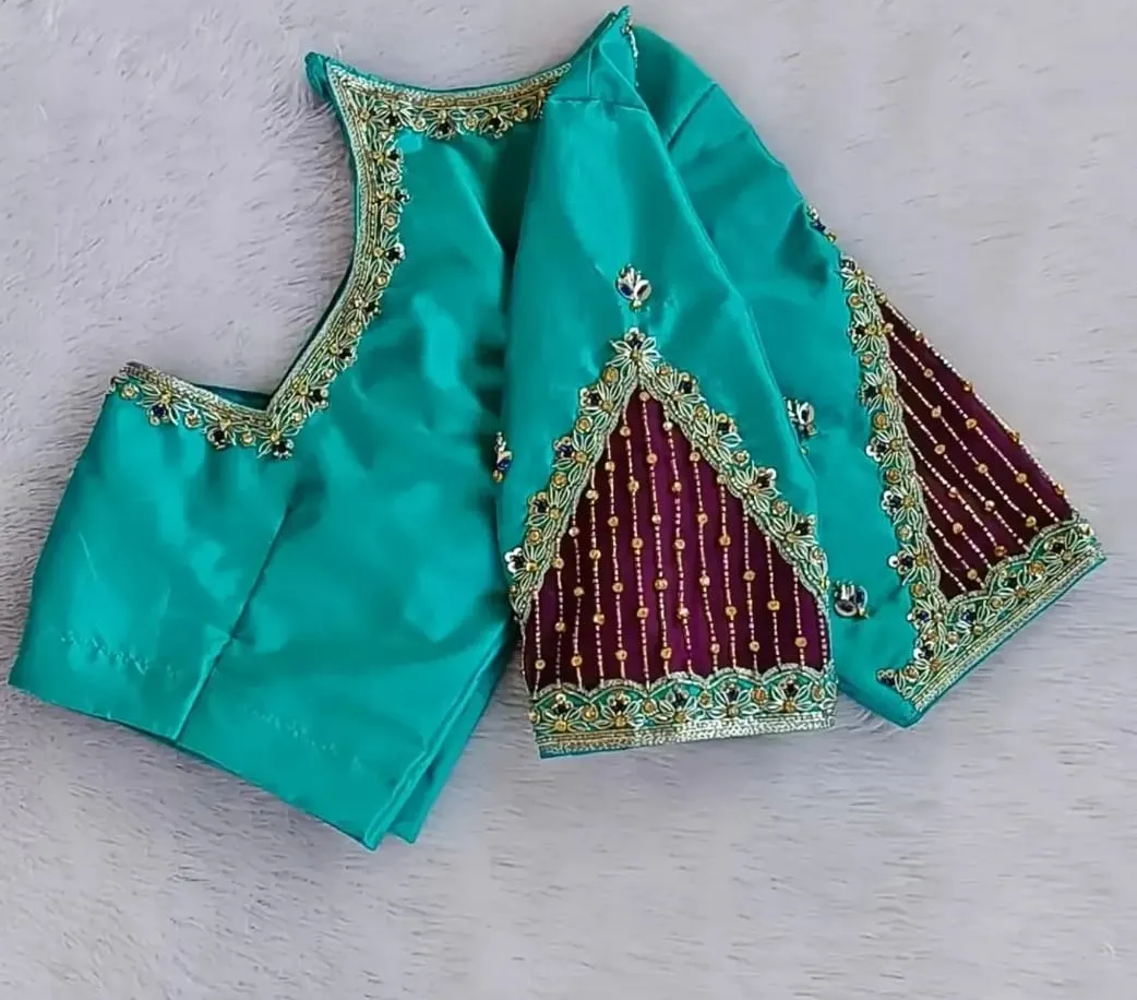 Designer Sea Green Silk Blouse with Contrast Purple Sleeve Cutout & Gold Bead Embroidery