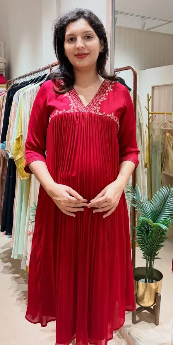 Designer V-Neck Hand Work Anarkali Kurti | Crimson Red 1