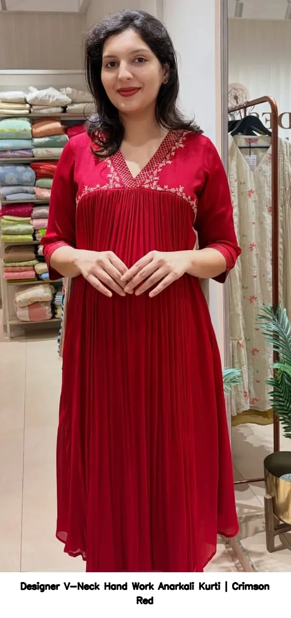 Designer V-Neck Hand Work Anarkali Kurti | Crimson Red 2