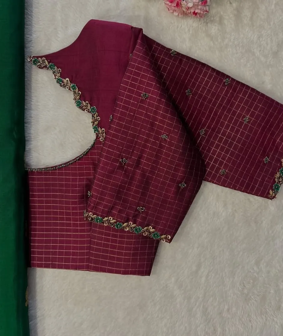 Designer Wine Silk Blouse with Gold Checks, Floral Vine Border & Green Bead Embroidery