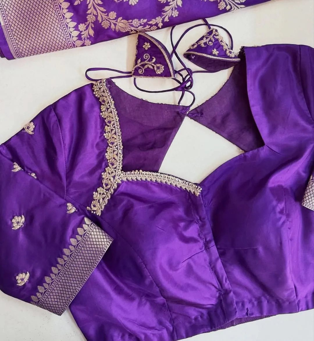 Diamond Cutout Back Zari Border Purple Silk Blouse – Bridal Maggam Work Readymade Saree Blouse 1