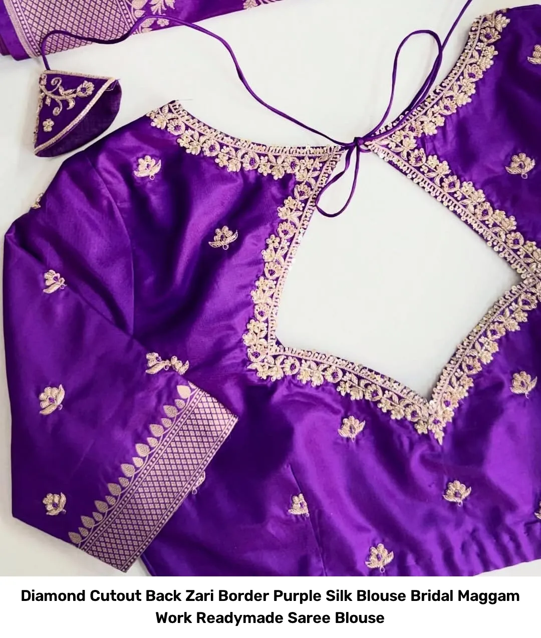 Diamond Cutout Back Zari Border Purple Silk Blouse – Bridal Maggam Work Readymade Saree Blouse 2