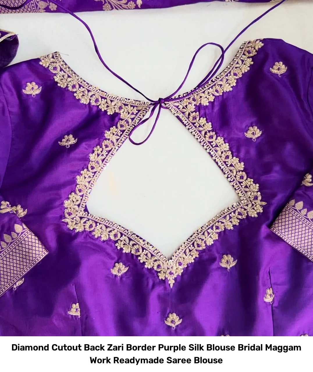 Diamond Cutout Back Zari Border Purple Silk Blouse – Bridal Maggam Work Readymade Saree Blouse 3