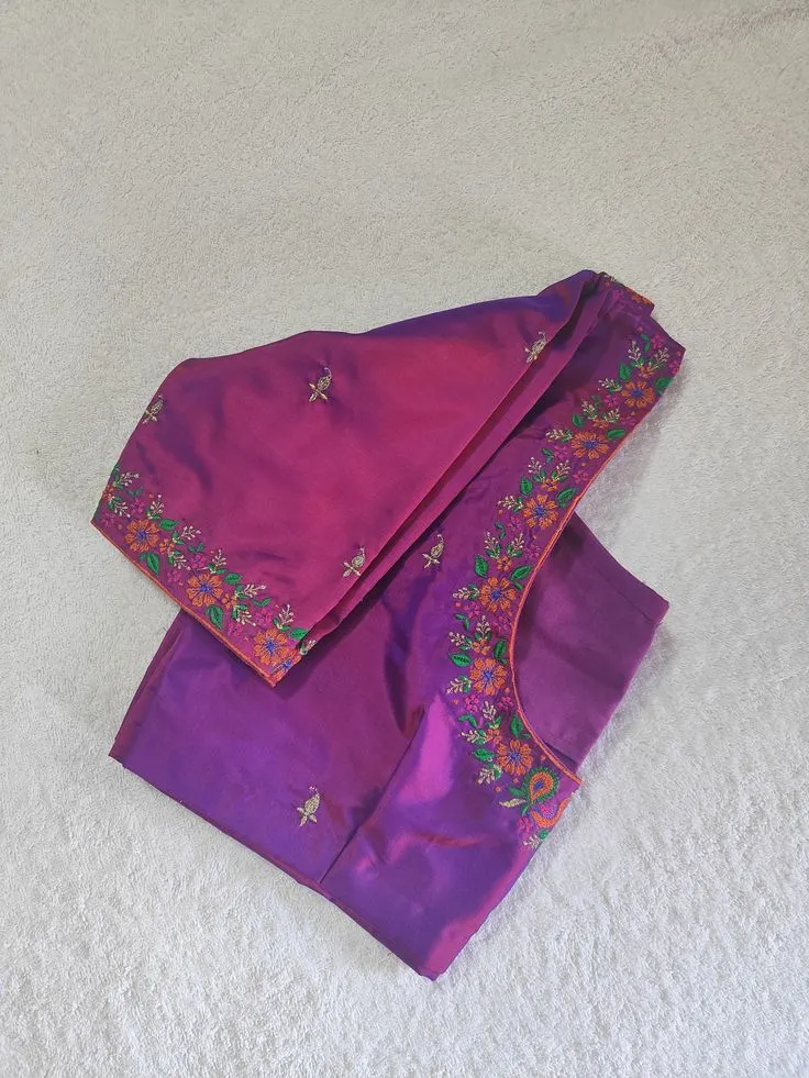 Dual Tone Magenta Purple Silk Saree Blouse | Computer Machine Floral Vine & Paisley Border Readymade Blouse