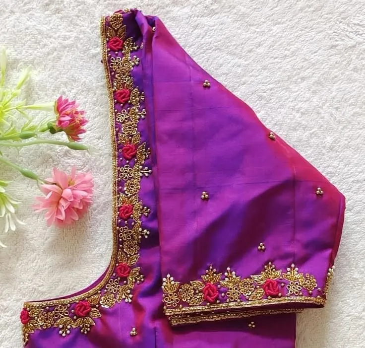 Dual-Tone Purple Pink Silk Maggam Work Blouse | Bullion Rose Knot & Zardozi Aari Hand Embroidered Bridal Saree Blouse