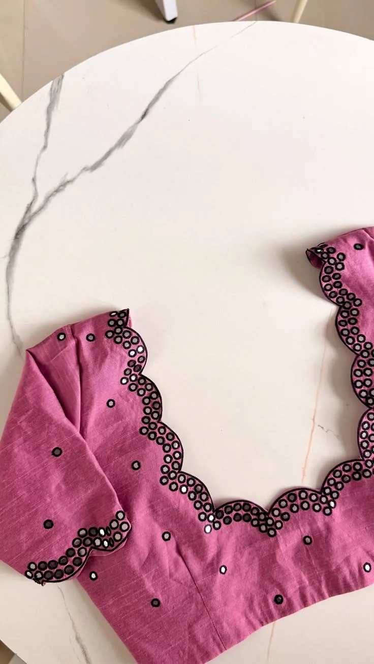 Dusty Pink Cutwork Mirror Work Blouse | Scallop Neck Handcrafted Silk Saree Blouse
