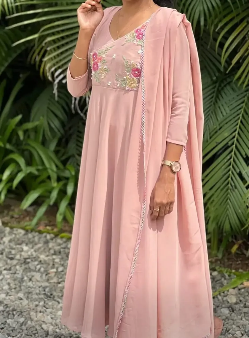 Dusty Pink Georgette Anarkali Suit Set with Hand Embroidered Yoke & Lace Dupatta