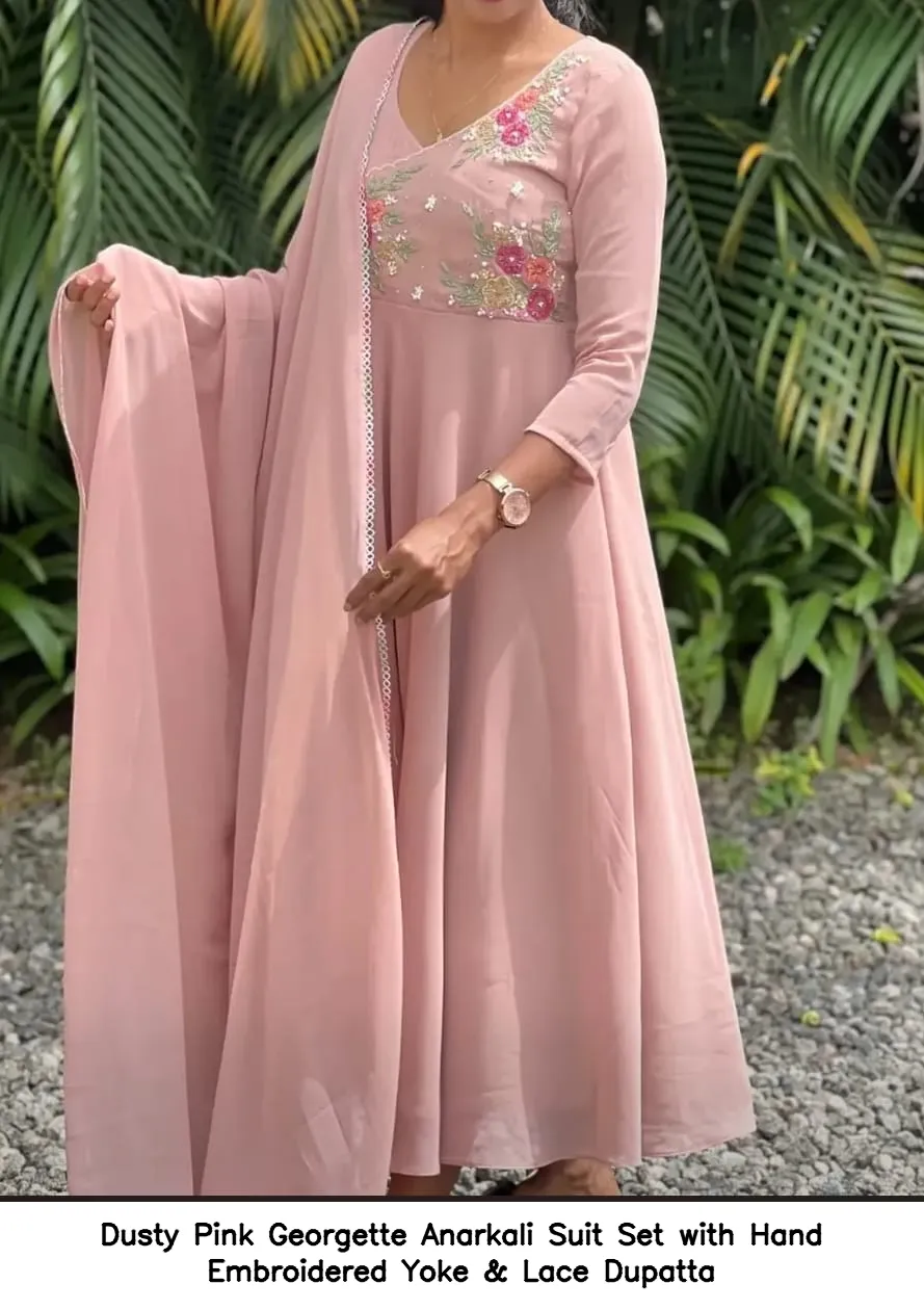 Dusty Pink Georgette Anarkali Suit Set with Hand Embroidered Yoke & Lace Dupatta 2