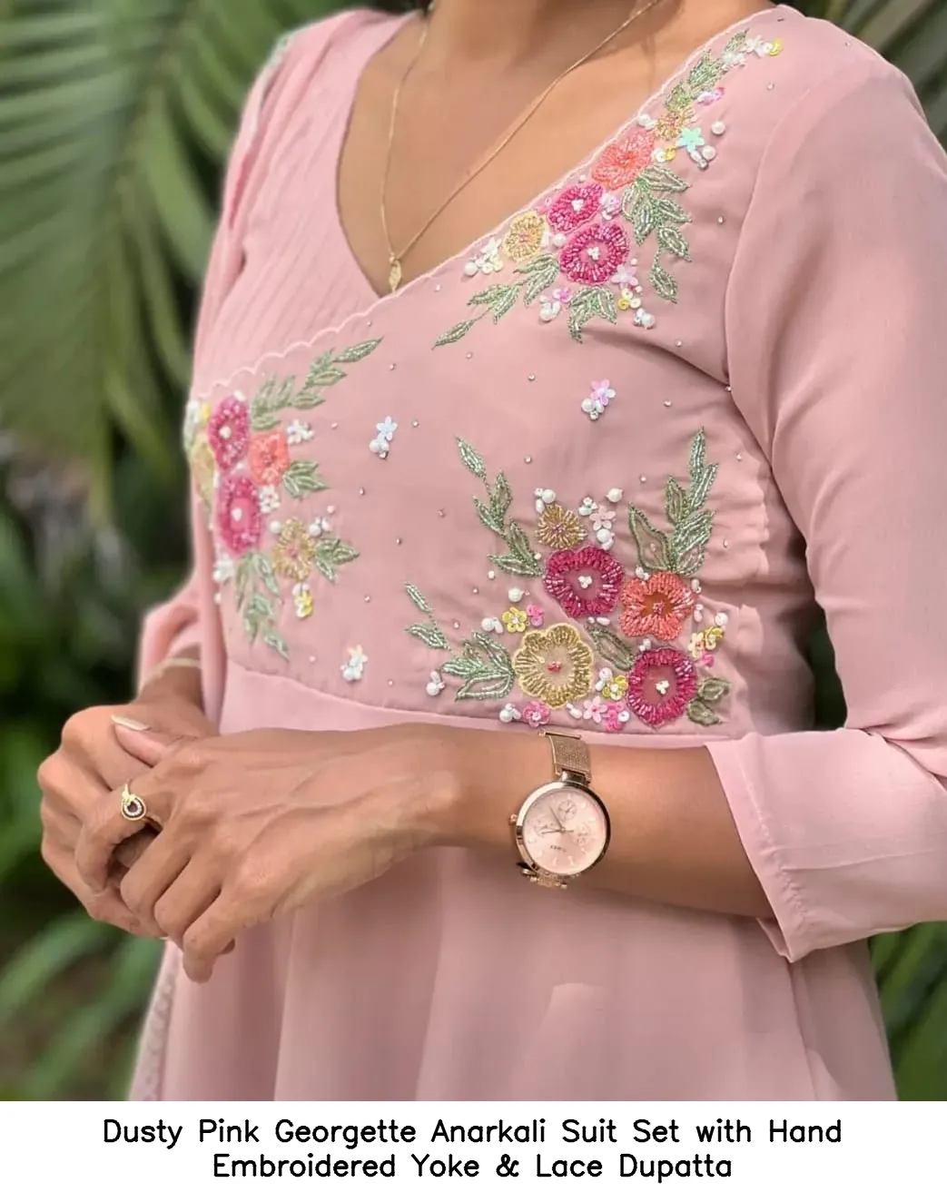 Dusty Pink Georgette Anarkali Suit Set with Hand Embroidered Yoke & Lace Dupatta 3