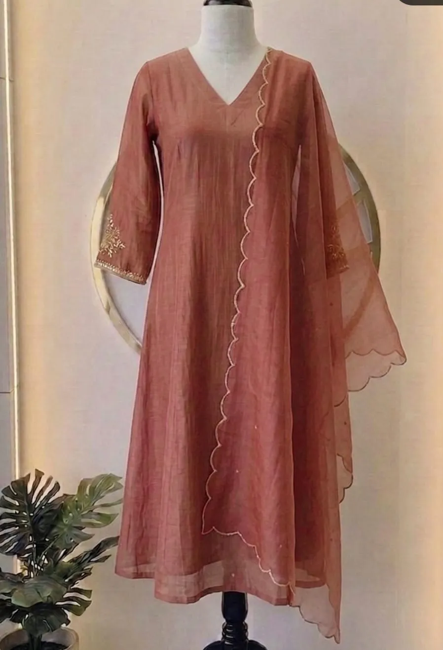 Dusty Rose Chanderi Silk A-Line Kurta Set with Scallop Cutwork Dupatta | Elegant V-Neck Long Kurti with Embroidered Sleeves