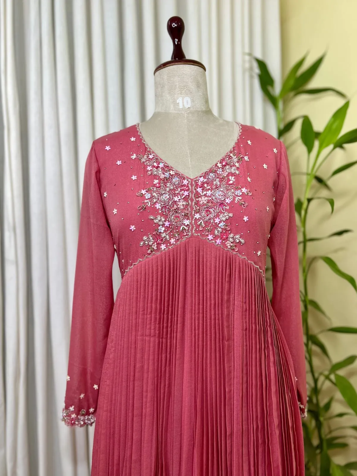 Dusty Rose Georgette Pleated Anarkali Dress with Hand Embroidered V-Neck Yoke