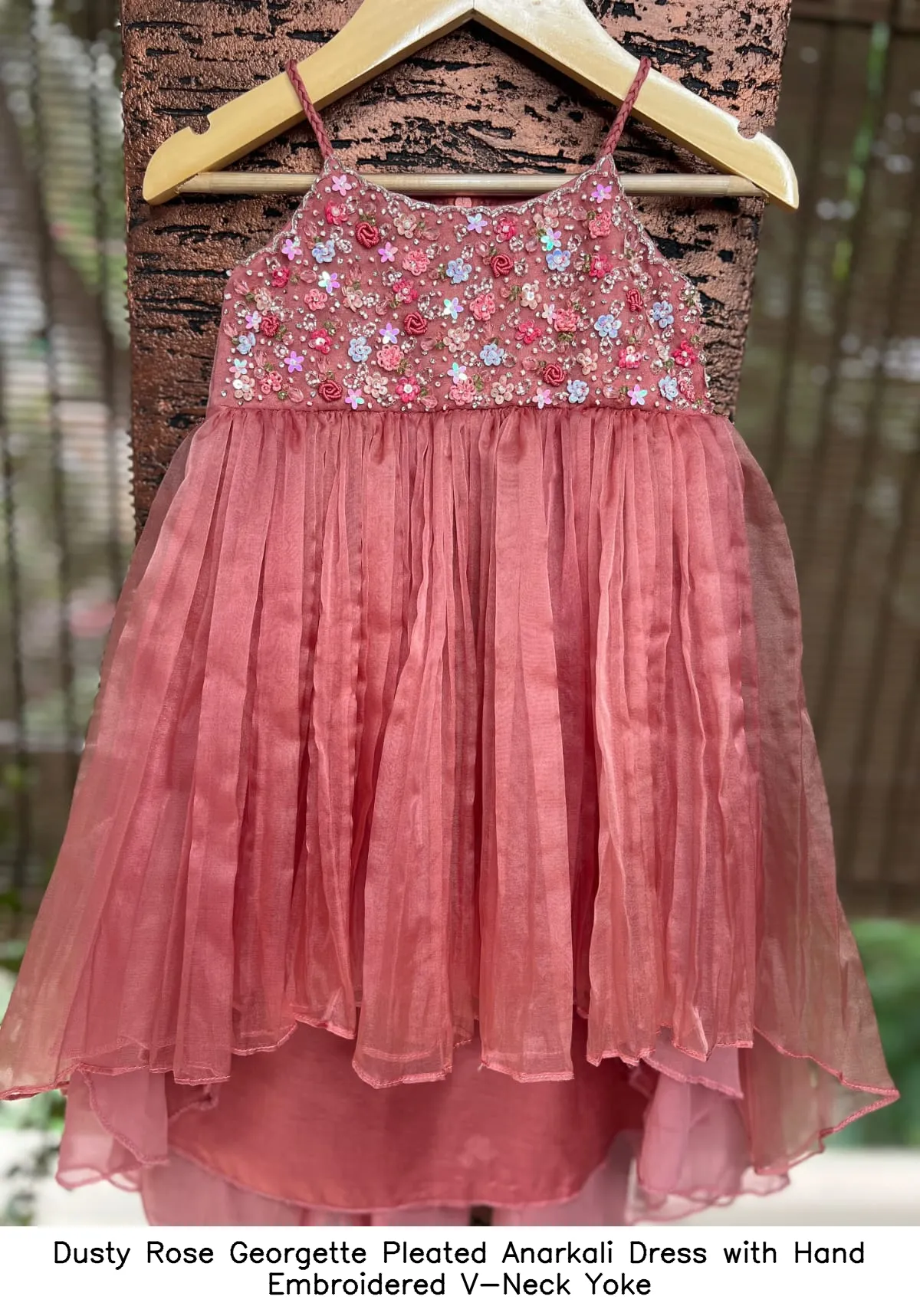 Dusty Rose Georgette Pleated Anarkali Dress with Hand Embroidered V-Neck Yoke 2