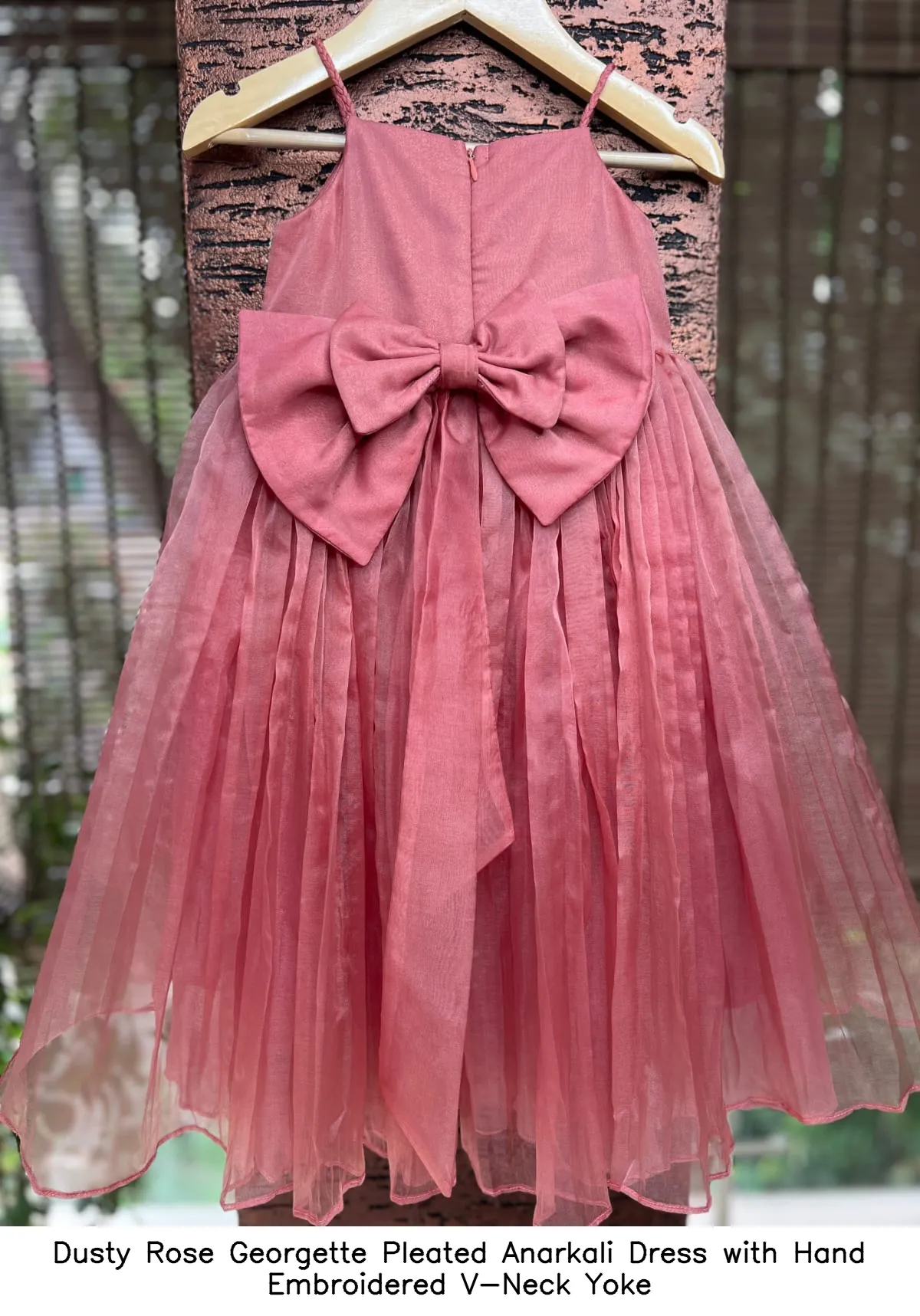 Dusty Rose Georgette Pleated Anarkali Dress with Hand Embroidered V-Neck Yoke 3
