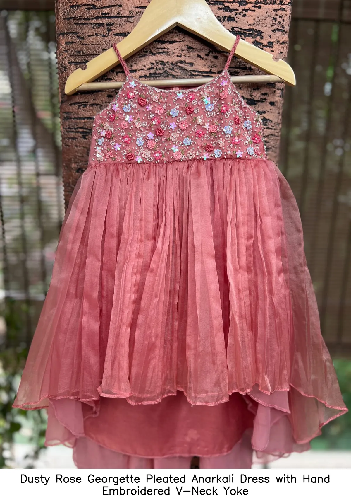 Dusty Rose Georgette Pleated Anarkali Dress with Hand Embroidered V-Neck Yoke 4