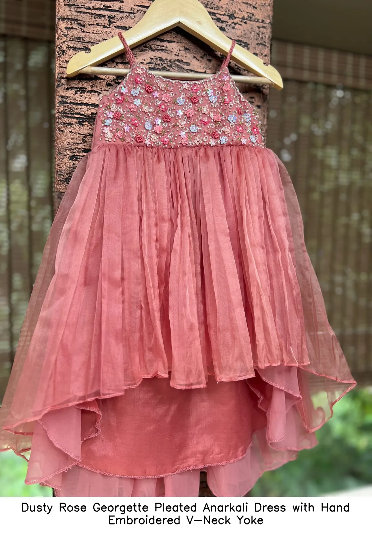 Dusty Rose Georgette Pleated Anarkali Dress with Hand Embroidered V-Neck Yoke 5