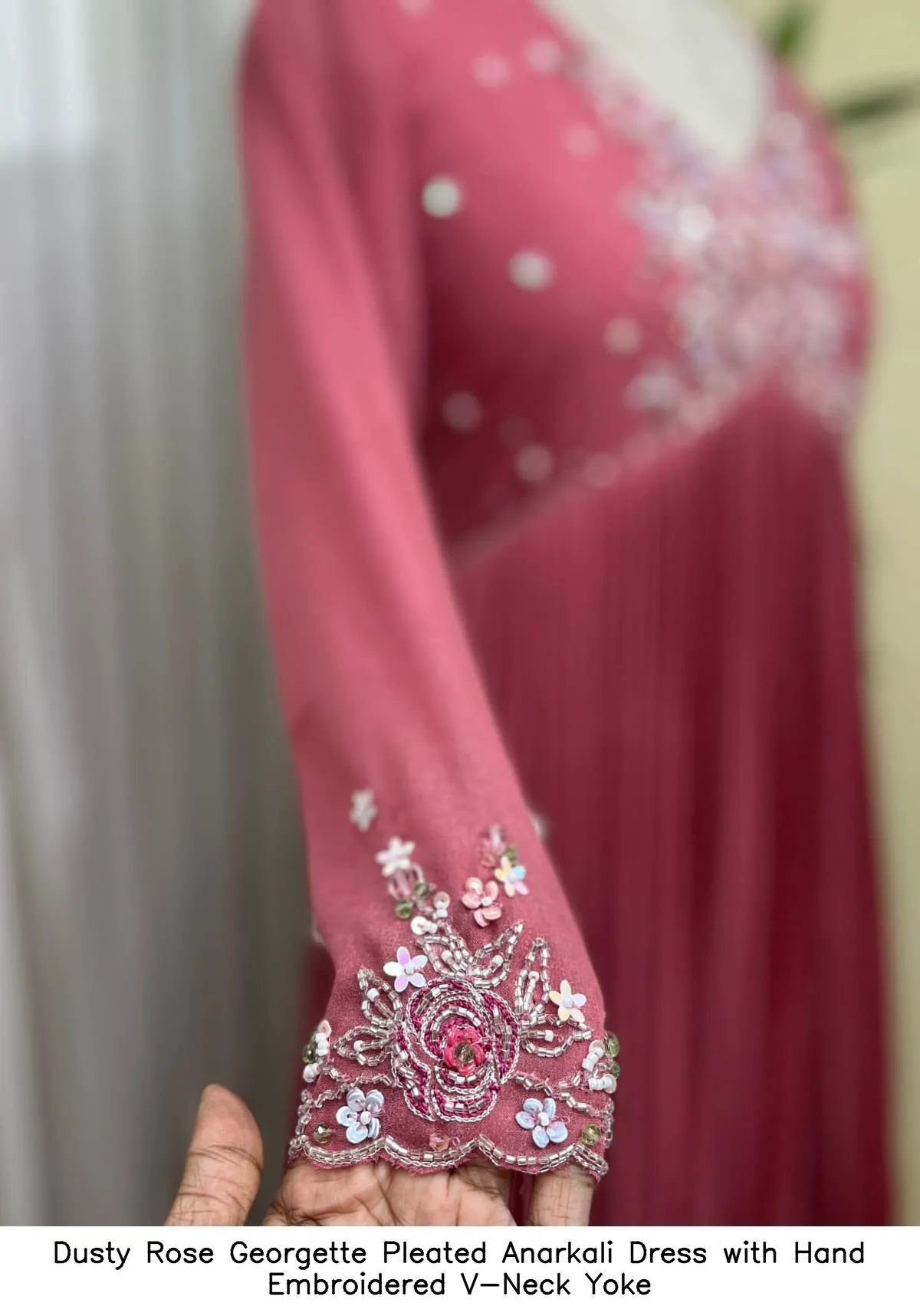 Dusty Rose Georgette Pleated Anarkali Dress with Hand Embroidered V-Neck Yoke 6