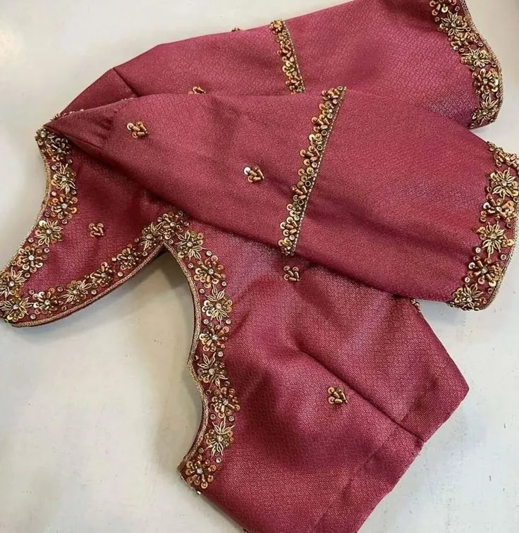 Dusty Rose Pink Maggam Work Blouse | Antique Gold Sequin & Zardozi Border Bridal Aari Work Silk Saree Blouse 1