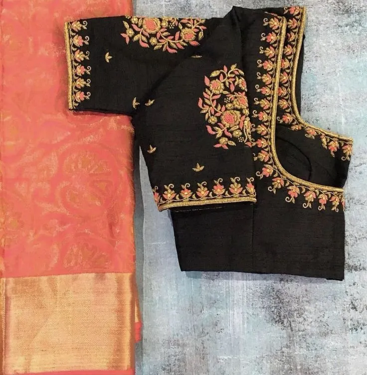 Elegant Black Bridal Blouse – Embroidered Floral Design with Rich Gold Border | Perfect for Kanjivaram Sarees | Custom Fit Available