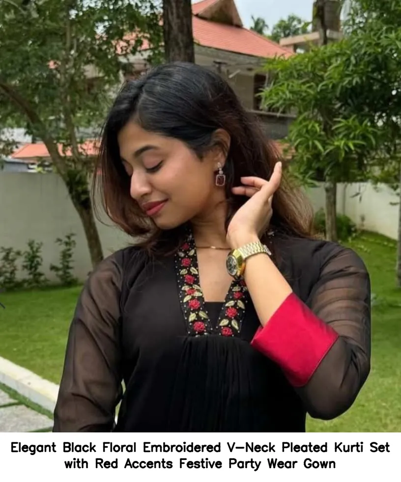 Elegant Black Floral Embroidered V-Neck Pleated Kurti Set with Red Accents – Festive Party Wear Gown 2