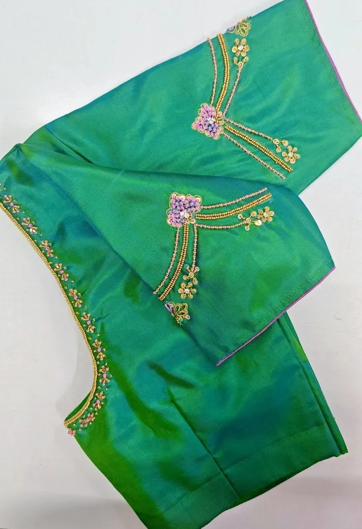 Emerald Green Aari Work Blouse | Handcrafted Pink Floral Motif Silk Saree Blouse 1
