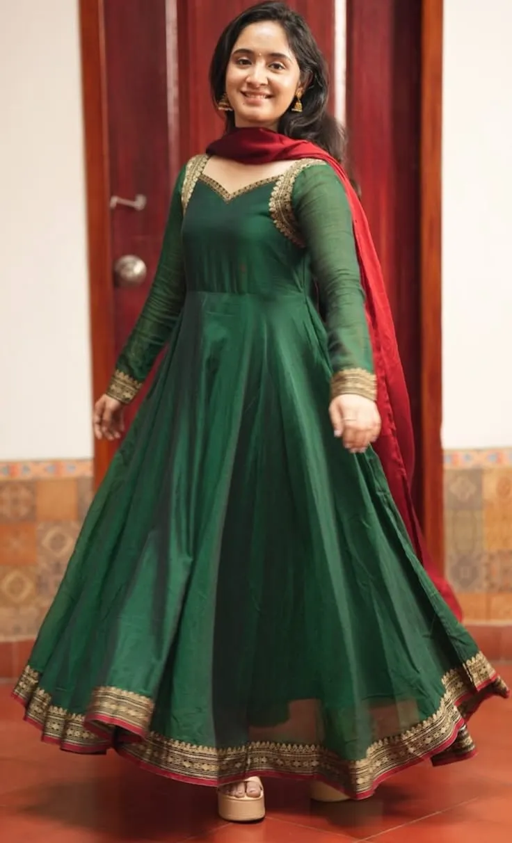 Emerald Green Chanderi Silk Anarkali Dress with Zari Border & Contrast Maroon Dupatta | Festive Long Gown