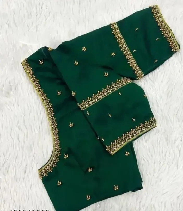 Emerald Green Hand Embroidered Raw Silk Blouse – Delicate Gold Zari Border & All-Over Floral Butti Readymade Blouse