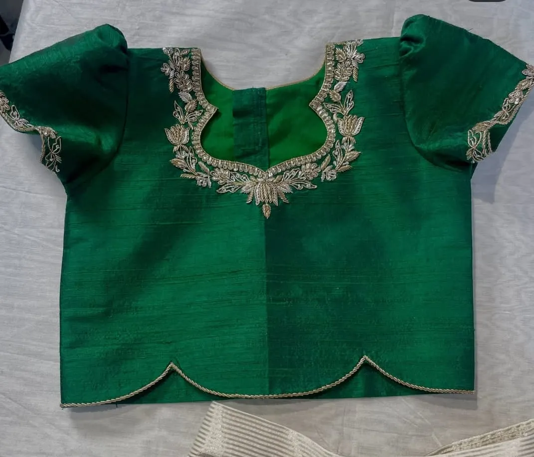 Emerald Green Raw Silk Readymade Blouse – Zardozi Embroidered Neck & Scallop Hem Puff Sleeve Blouse