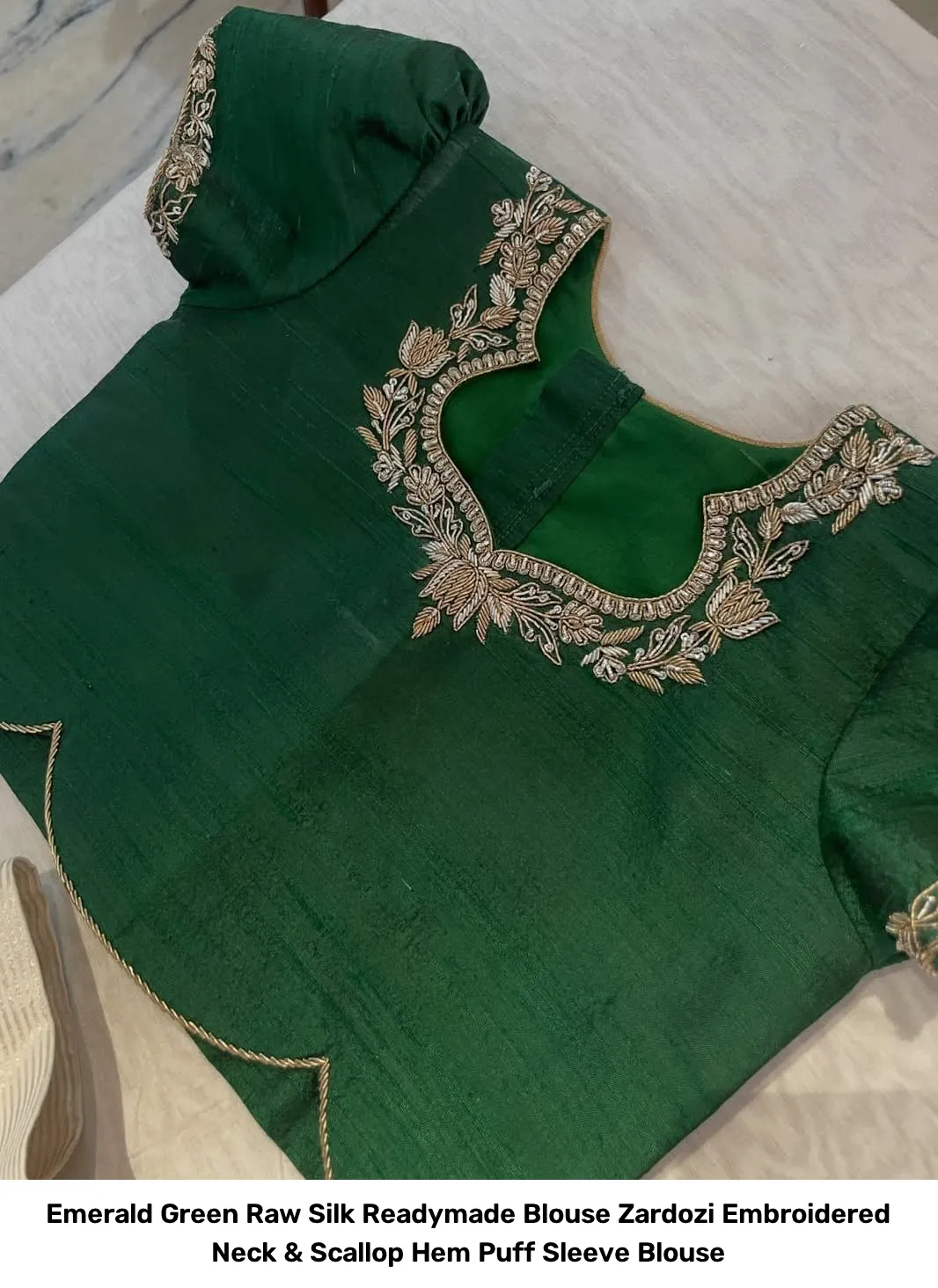 Emerald Green Raw Silk Readymade Blouse – Zardozi Embroidered Neck & Scallop Hem Puff Sleeve Blouse 2