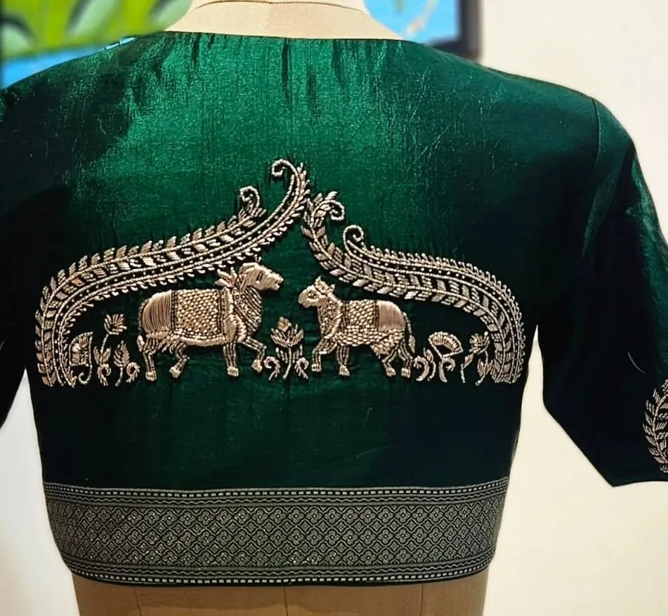 Emerald Green Silk Blouse with Pichwai Kamdhenu Cow Embroidery | Hand Embroidered Designer Saree Blouse