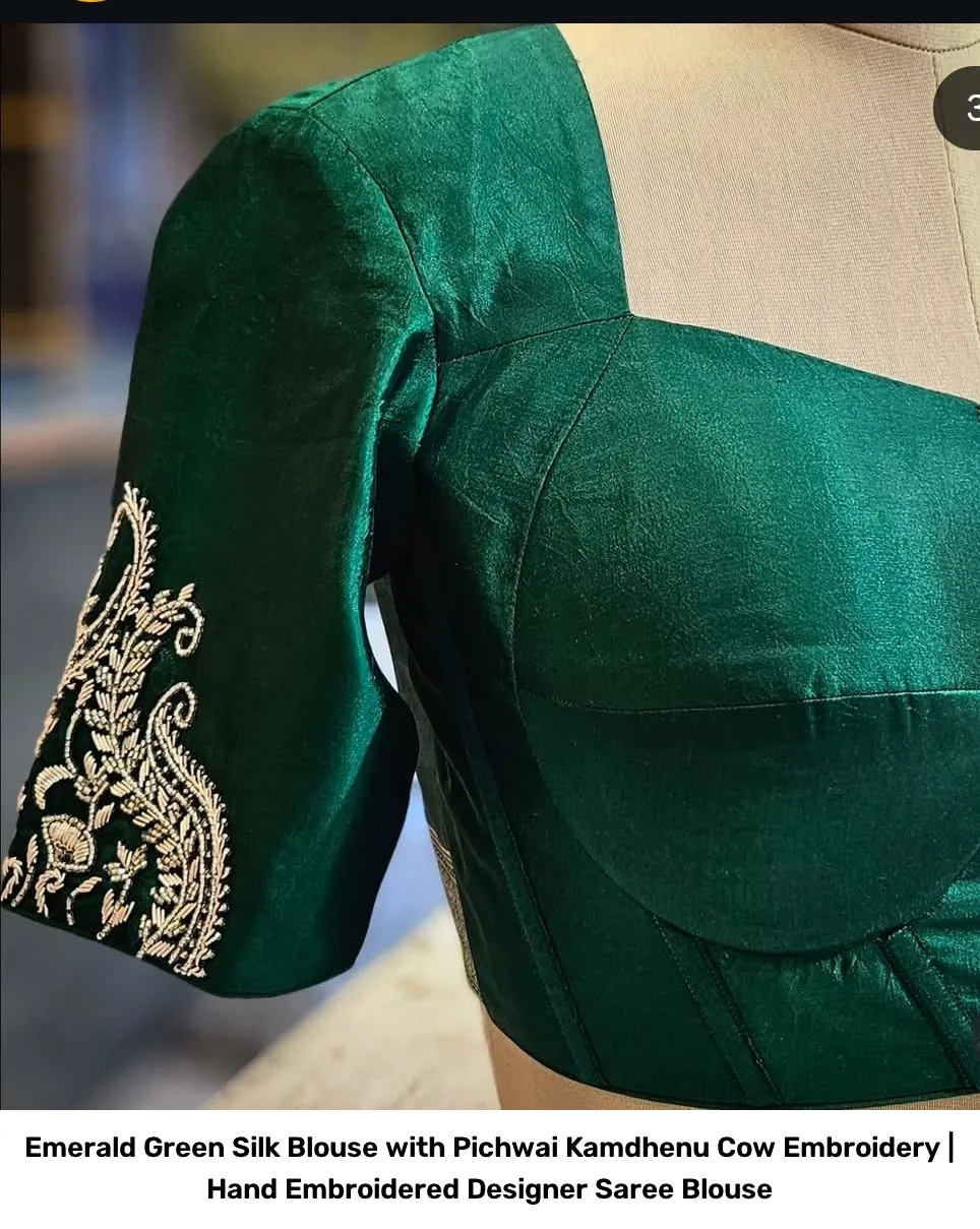 Emerald Green Silk Blouse with Pichwai Kamdhenu Cow Embroidery | Hand Embroidered Designer Saree Blouse 2