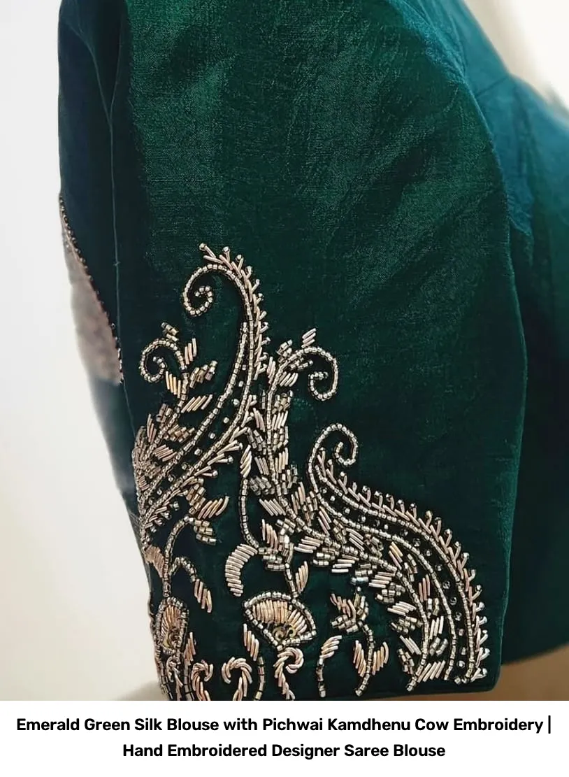 Emerald Green Silk Blouse with Pichwai Kamdhenu Cow Embroidery | Hand Embroidered Designer Saree Blouse 3