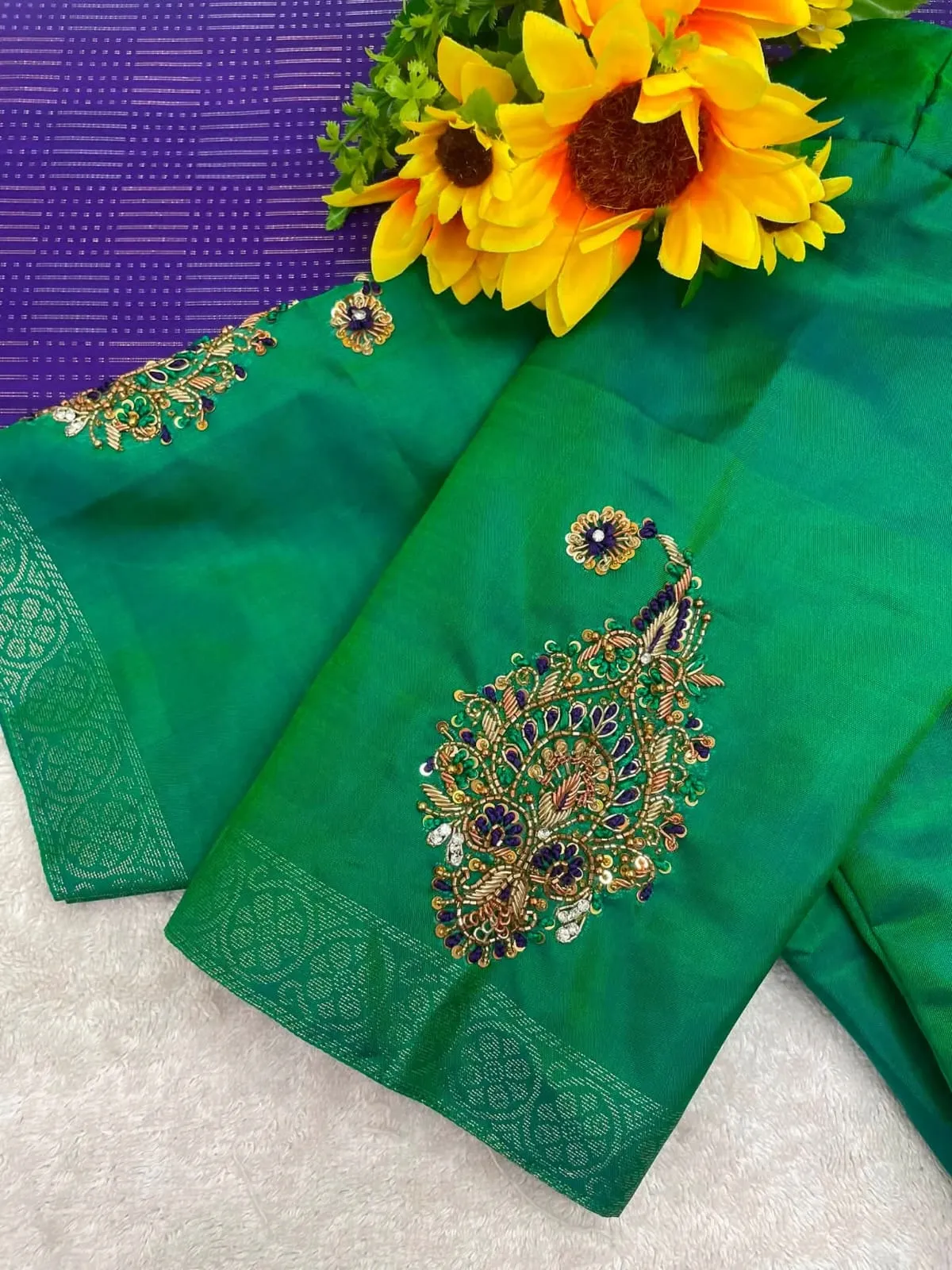 Emerald Green Silk Bridal Aari Work Blouse | Handcrafted Paisley Mango Motif Maggam Work Saree Blouse 1