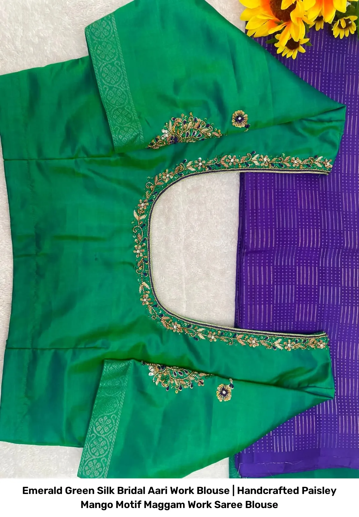 Emerald Green Silk Bridal Aari Work Blouse | Handcrafted Paisley Mango Motif Maggam Work Saree Blouse 2