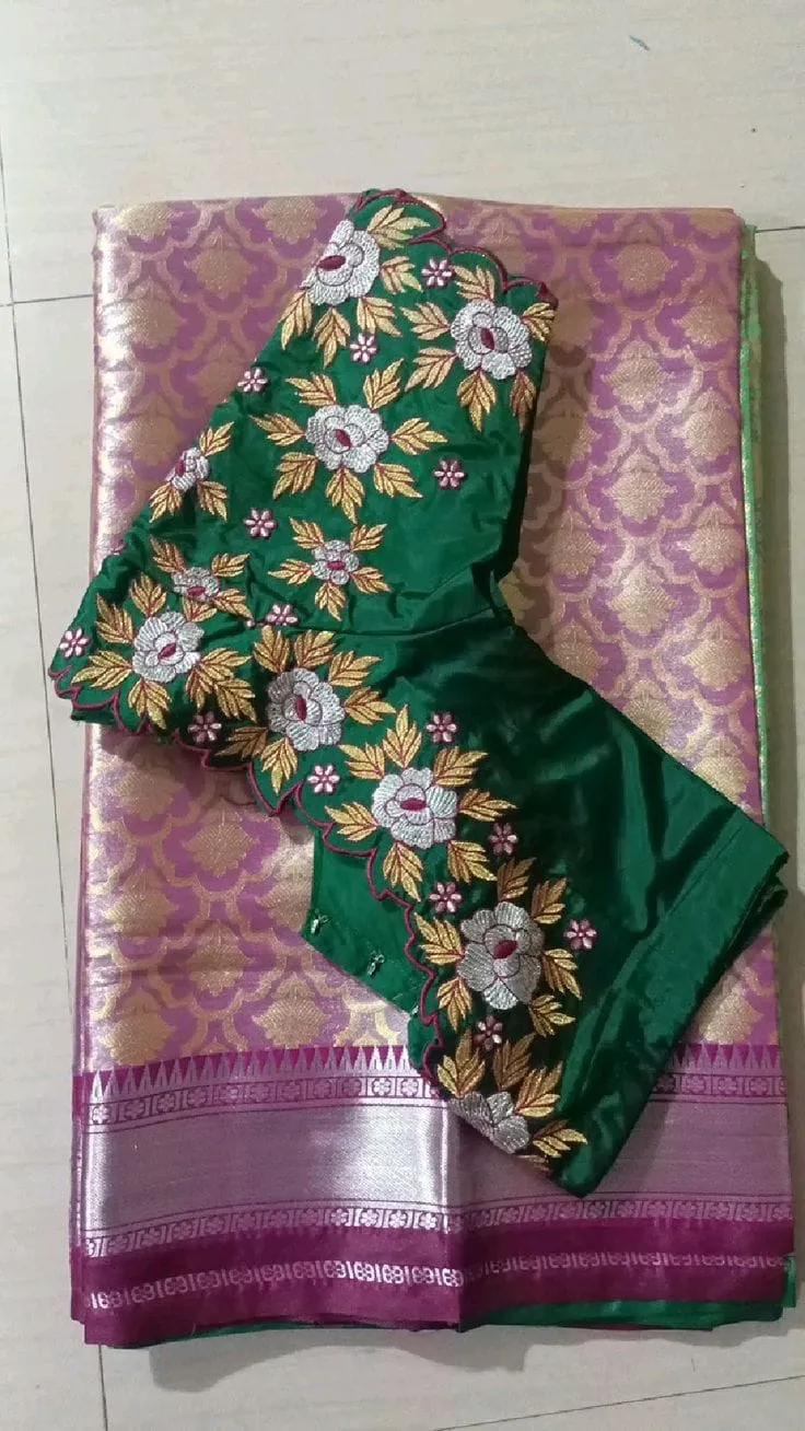 Emerald Green Silk Saree Blouse | Heavy Computer Machine Floral Embroidery & Pink Scalloped Cutwork Border Readymade Blouse