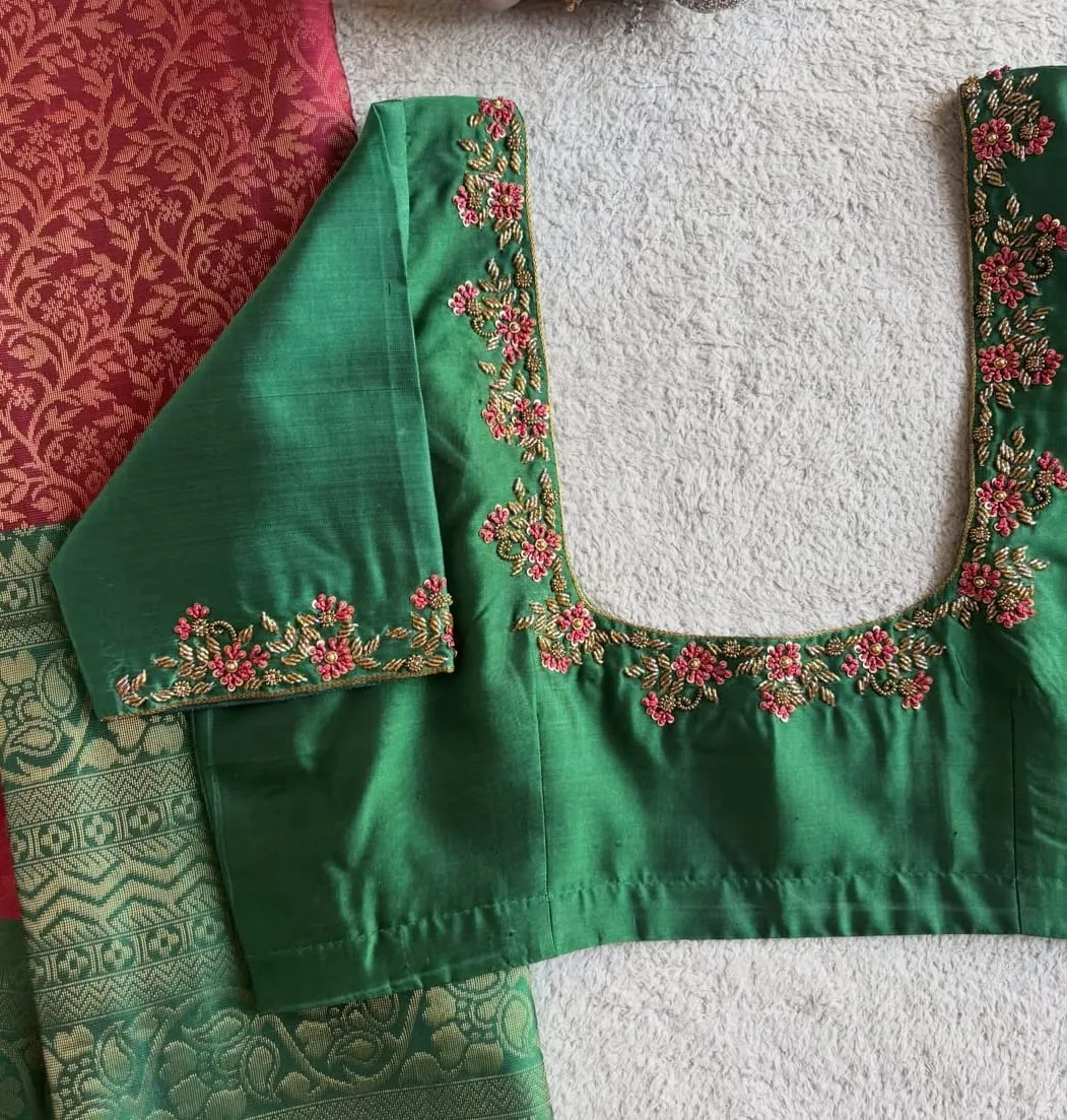 Emerald Green Silk Saree Blouse with Pink Floral Zari Hand Embroidery | Readymade Designer Bridal Blouse