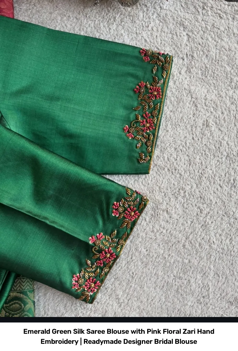 Emerald Green Silk Saree Blouse with Pink Floral Zari Hand Embroidery | Readymade Designer Bridal Blouse 2