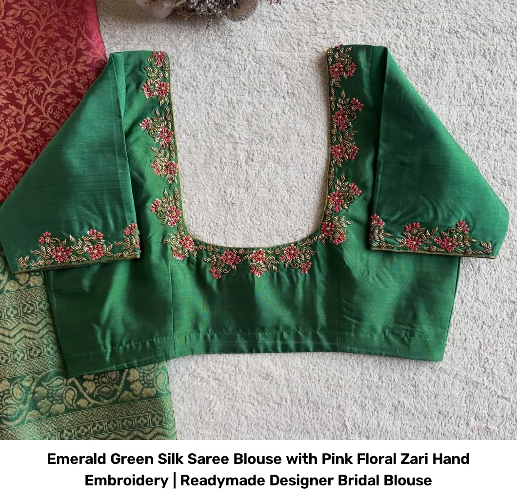 Emerald Green Silk Saree Blouse with Pink Floral Zari Hand Embroidery | Readymade Designer Bridal Blouse 3