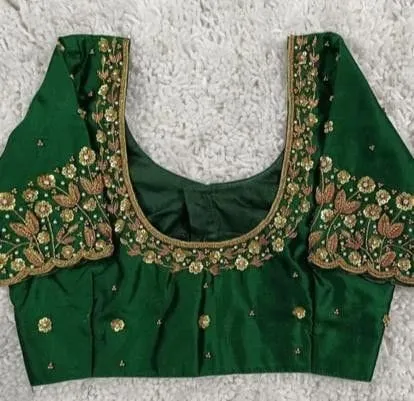 Emerald Green Silk Saree Blouse with Scalloped Sleeve Embroidery | Gold Zardozi Handwork Bridal Blouse