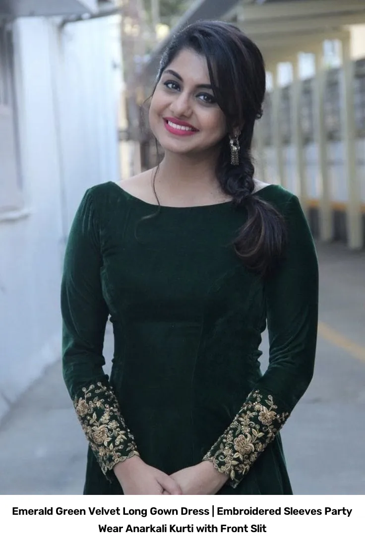 Emerald Green Velvet Long Gown Dress | Embroidered Sleeves Party Wear Anarkali Kurti with Front Slit 2