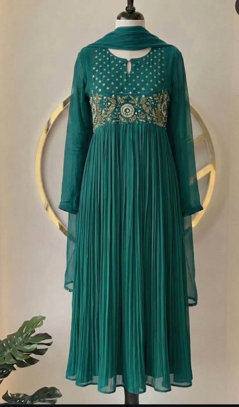 Emerald Teal Georgette Anarkali Dress | Hand Embroidered Yoke Festive Ethnic Gown
