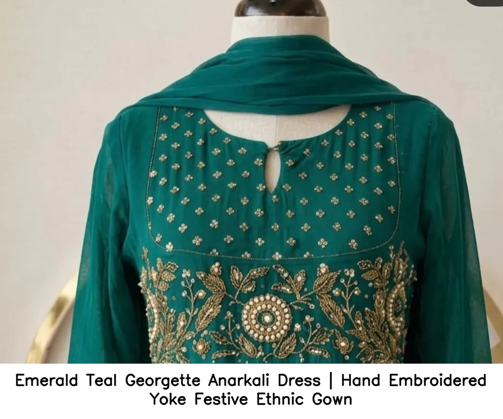 Emerald Teal Georgette Anarkali Dress | Hand Embroidered Yoke Festive Ethnic Gown 2
